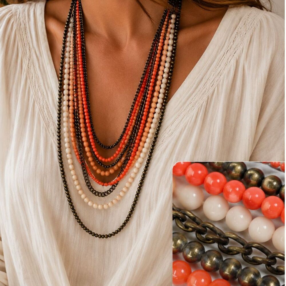 Multi Strand Beaded Necklace Coral Peach Cream Bronze Tone Statement 19"